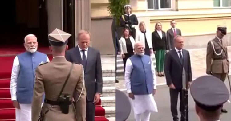 On Thursday, Prime Minister Narendra Modi received a ceremonial welcome at the Chancellery in Warsaw. Upon arrival at the Chancellery, PM Modi was received by his Polish counterpart Donald Tusk.