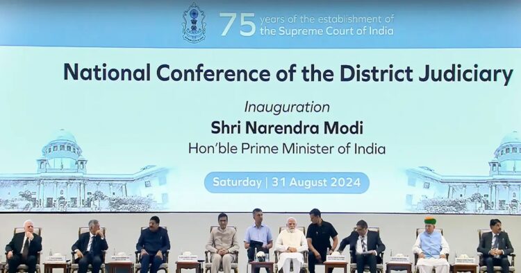 Prime Minister Narendra Modi on Saturday inaugurated the National Conference of District Judiciary and released a postage stamp and a coin to commemorate the 75th anniversary of the establishment of the Supreme Court