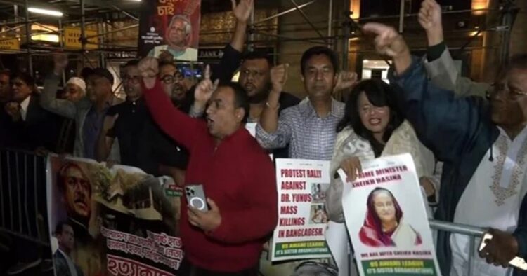 Protestors chanted ‘Go Back’ slogans against Muhammad Yunus, who is allegedly leading Bangladesh’s interim government, outside a hotel in New York where he is staying for attending the 79th United Nations General Assembly (UNGA) sessionProtestors chanted ‘Go Back’ slogans against Muhammad Yunus, who is allegedly leading Bangladesh’s interim government, outside a hotel in New York where he is staying for attending the 79th United Nations General Assembly (UNGA) session