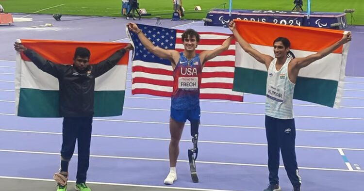 Para-athletes Sharad Kumar and Mariyappan Thangavelu win silver and bronze medals, respectively, to seal a double podium finish for India in the men's high jump T6 final at the Paris Paralympics