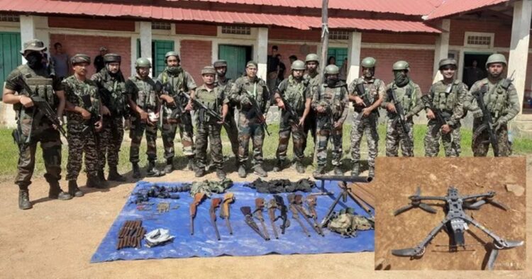 In Kharam Vaiphei, Kangpokpi District in Manipur, security forces conducted searches and made a noteworthy seizure of a drone from a militant hideout