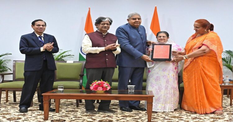 On Tuesday, Vice President Jagdeep Dhankhar presented the 25th Lal Bahadur Shastri National Excellence Award, 2024 to Rajshree Birla, Chairperson, Aditya Birla Community Initiatives and Rural Development Centre