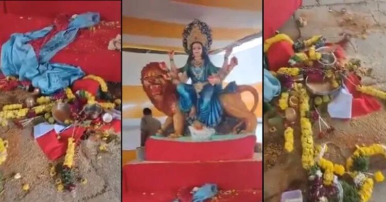 The idol of Goddess Durga was found vandalised at the Nampally Exhibition Grounds in Hyderabad city of Telangana on Thursday