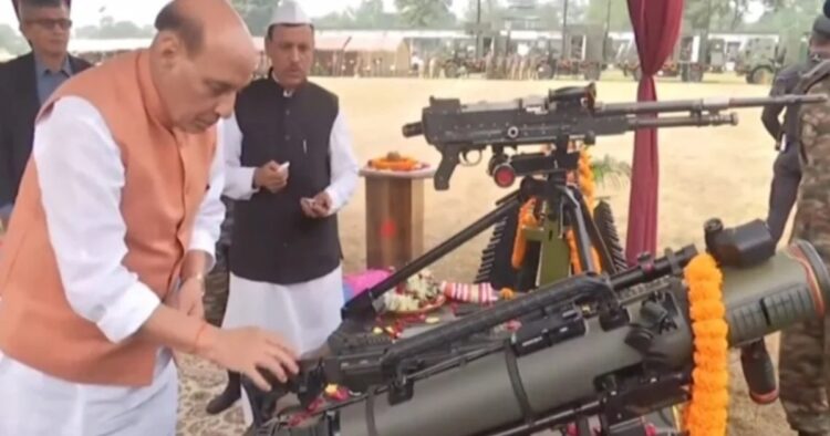 On Saturday, Defence Minister Rajnath Singh performed Shastra Puja at Sukna Cantt in Darjeeling, West Bengal on the occasion of Vijayadashami