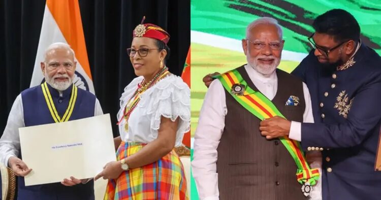 Prime Minister Narendra Modi received the highest civilian award from Guyana and Dominica for his contributions during the COVID-19 pandemic and his exceptional contributions to the global community and efforts in bolstering bilateral ties with the two Caribbean countries