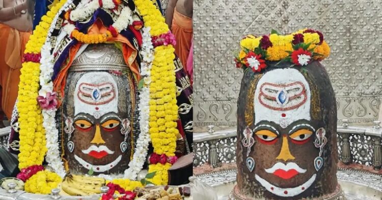 Baba Mahakal was decorated with flowers during the Bhasmaarti today at the world famous Jyotirlinga Lord Mahakaleshwar temple in Ujjain