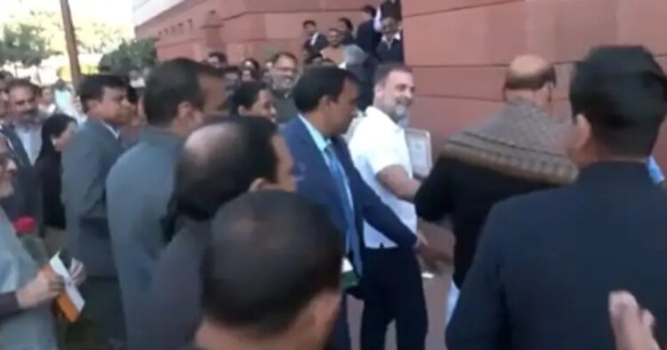 On Wednesday, Rahul Gandhi gave a rose and Tiranga to Defence Minister Rajnath Singh. Several Congress MPs were also spotted handing out roses to NDA MPs within the Parliament premises