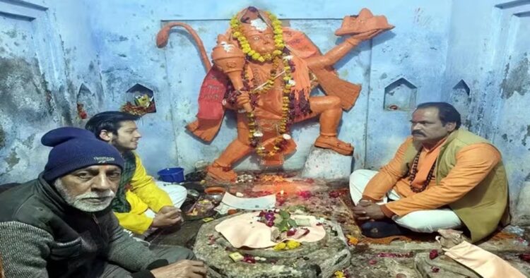 People gathered for morning prayers at the Shiv-Hanuman Mandir in Sambhal, which reopened on December 14 after remaining closed since 1978