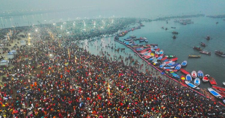 Thousands of devotees were seen taking a holy dip in the confluence of Ganga, Yamuna and invisible Saraswati