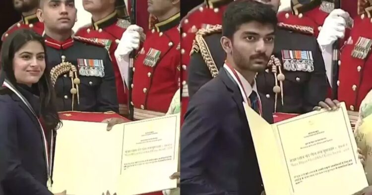 Double Olympic medalist Manu Bhaker and World Chess Champion D Gukesh received Major Dhyan Chand Khel Ratna Award