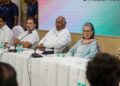 Congress President Mallikarjun Kharge, Congress Parliamentary Party chairperson Sonia Gandhi, party leader Rahul Gandhi and other leaders during the Congress Working Committee (CWC) meeting (Photo: PTI)