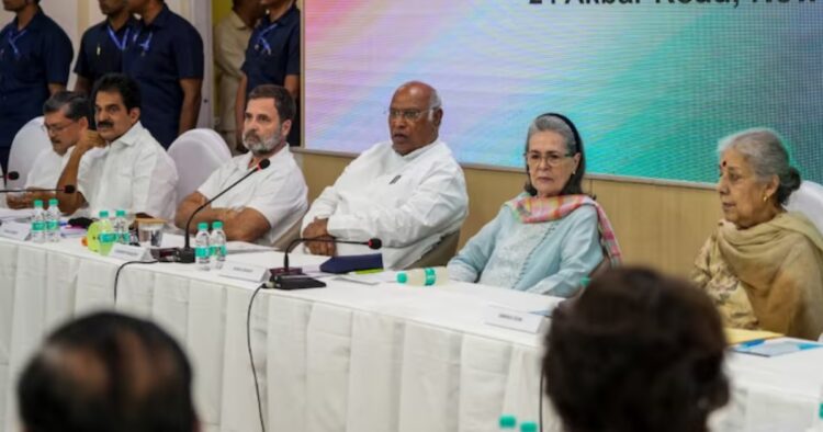 Congress President Mallikarjun Kharge, Congress Parliamentary Party chairperson Sonia Gandhi, party leader Rahul Gandhi and other leaders during the Congress Working Committee (CWC) meeting (Photo: PTI)