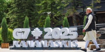 In this image via PMO, Prime Minister Narendra Modi arrives for the G7 Summit at Kananaskis, in Alberta, Canada, Monday, June 17, 2025. (PTI)